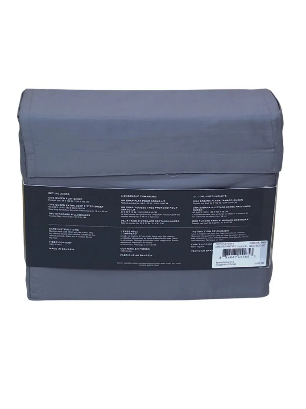 Lauren Ralph Lauren Dunham Sateen Queen Sheet Set Charcoal Gray 300 Thread Count